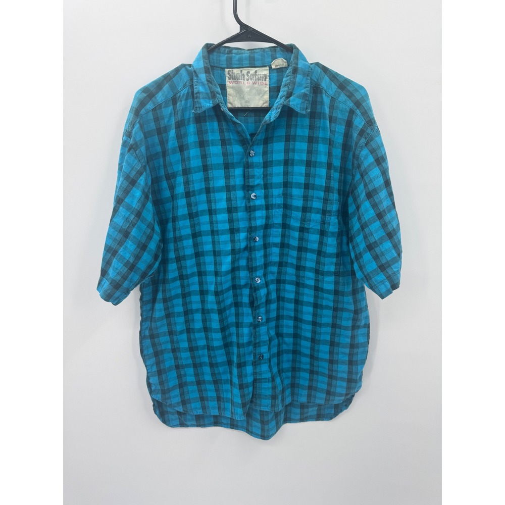 Shah Safari World Wide Mens L Turquoise Black Plaid Short Sleeve Button Shirt